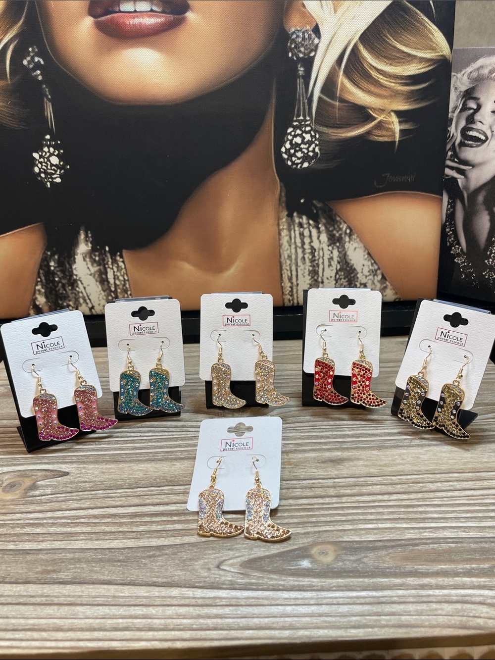 Nicole Western Boot Crystal Drop Earrings - Gold and Multicolor Options